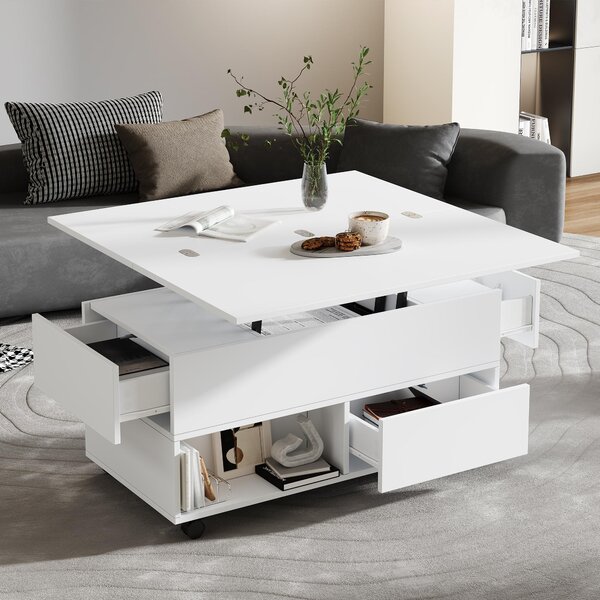 Tavolino da divano, dimensioni 100x50x52 cm, realizzato in pannello di particelle al 100%, colore bianco. Tavolino da divano con altezza regolabile, dotato di 4 cassetti, 4 ruote e vani aperti