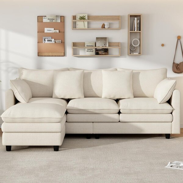 Divano angolare a forma di L, beige, con chaise longue, rivestito in tessuto chenille, dimensioni 212x150x90 cm