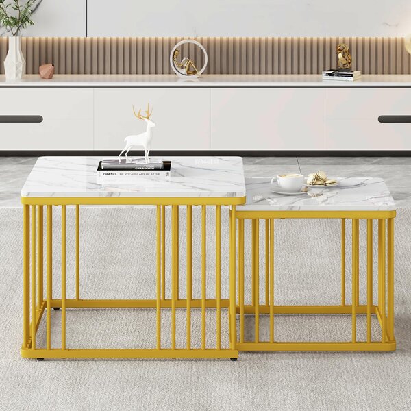 Set di 2 tavolini, dimensioni 60x60x45 cm e 45x45x40 cm, realizzati in MDF al 100%, colore bianco, forma quadrata, impilabili, con piedini regolabili in altezza