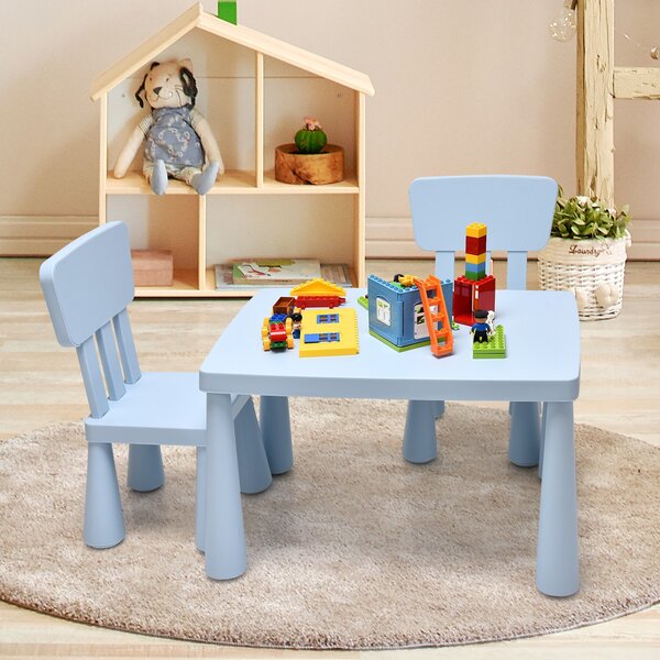 Costway Set con tavolo e 2 sedie per bambini, Set con tavolo e 2 sedie per mangiare disegnare scrivere e fare lavoretti, Azzurro>