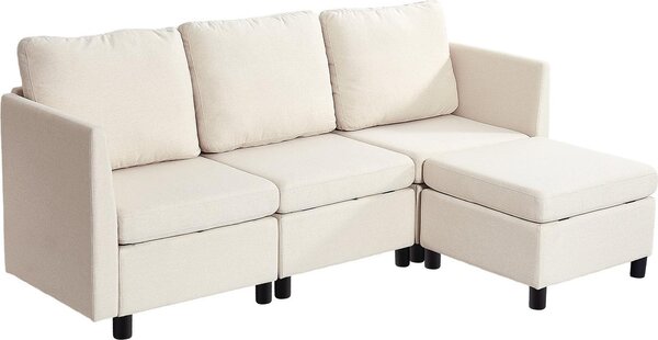 Divano angolare con funzione letto - 3 posti con pouf - Con contenitore - Schiuma altamente elastica - Struttura in legno massello - Beige