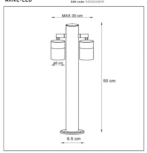 Lucide Lampione ARNE, color cromo, a 2 luci. Altezza 50 cm, IP44, GU10-LED ARNE, Cromo / Argento, Metallo, Moderno