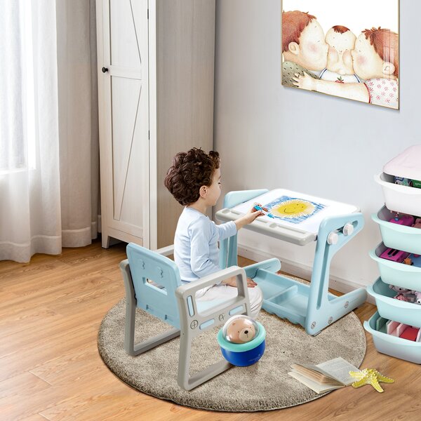 Costway Tavolino per bambini con sedia, Tavolo magnetico 2 in 1 con ampio spazio e regolabile in altezza, Blu>