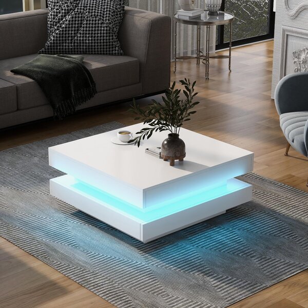 Tavolino da caffè, dimensioni 70 x 70 x 36 cm, realizzato in truciolato al 100%, colore bianco, forma quadrata, con illuminazione LED Bluetooth e striscia LED alimentata tramite USB