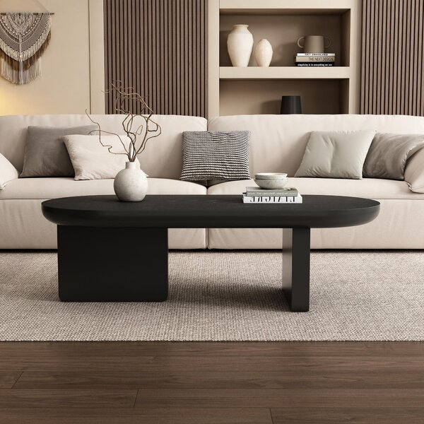 Tavolino da caffè, dimensioni 119,7 x 49,8 x 35,5 cm, 100% MDF, colore nero, tavolino da caffè nero di forma ovale con superficie verniciata a spruzzo