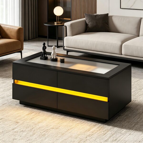 Tavolino da salotto, dimensioni 100x50x40 cm, realizzato in pannello di particelle al 100%, con piano in vetro nero, 4 cassetti, piano in vetro temperato, illuminazione LED e frontali in finitura lucida