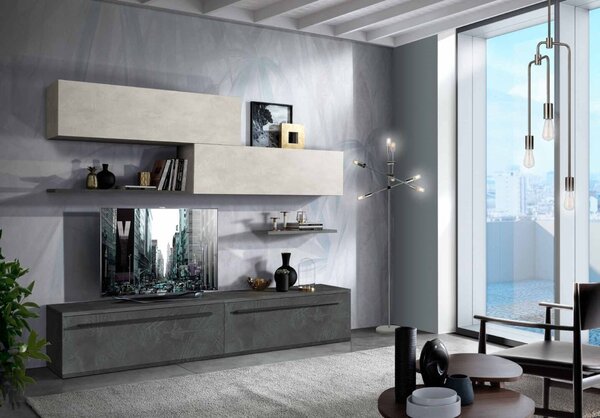 Parete attrezzata soggiorno moderno grigio e antracite 240x45x206 cm