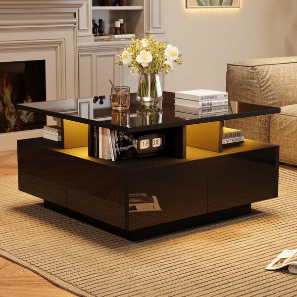 Tavolino da salotto 70 x 70 x 40 cm, realizzato in pannello di particelle melaminato nero, con forma quadrata, dotato di 4 cassetti, una striscia LED e 3 ripiani