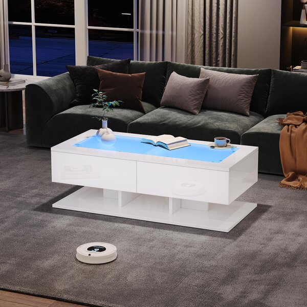 Tavolino da caffè di 100 x 50 x 35 cm, realizzato in vetro temperato e pannello di particelle di legno, colore bianco, dotato di 2 cassetti e illuminazione LED con controllo tramite app e Bluetooth