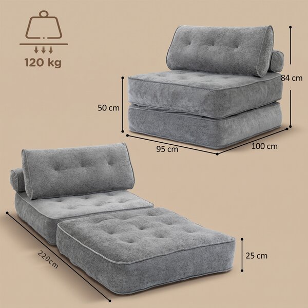 HOMCOM Poltrona Letto 3 in 1 con 2 Cuscini 95x220 cm, Grigio Chiaro | Aosom Italy