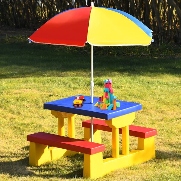 Costway Tavolo da picnic per bambini con parasole pieghevole Set di tavolo e panche per giardino 67x41x47cm Colorato>