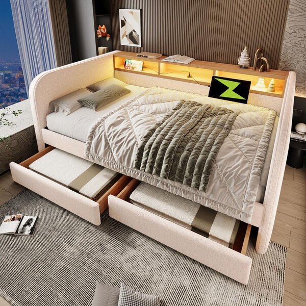 Divano letto 90x200 cm in velluto color grigio scuro, con vano contenitore a sistema idraulico, schienale illuminato a LED, ripiano portaoggetti, presa di corrente, porte USB e di tipo C, e rete a molle