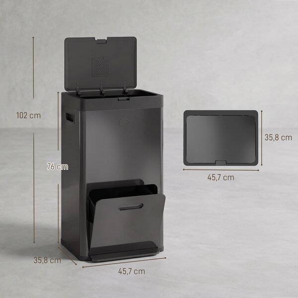 HOMCOM Bidone Cucina a Pedale 56 L in Acciaio con 3 Scomparti e Chiusura Morbida, Nero | Aosom Italy