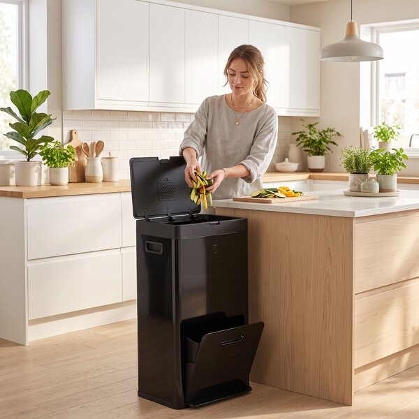 HOMCOM Bidone Cucina a Pedale 56 L in Acciaio con 3 Scomparti e Chiusura Morbida, Nero | Aosom Italy