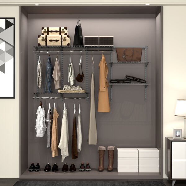Costway Kit organizer di metallo con mensole a rete e bastoni per vestiti,  Appendiabiti al muro da 91,5 a 183cm Grigio>