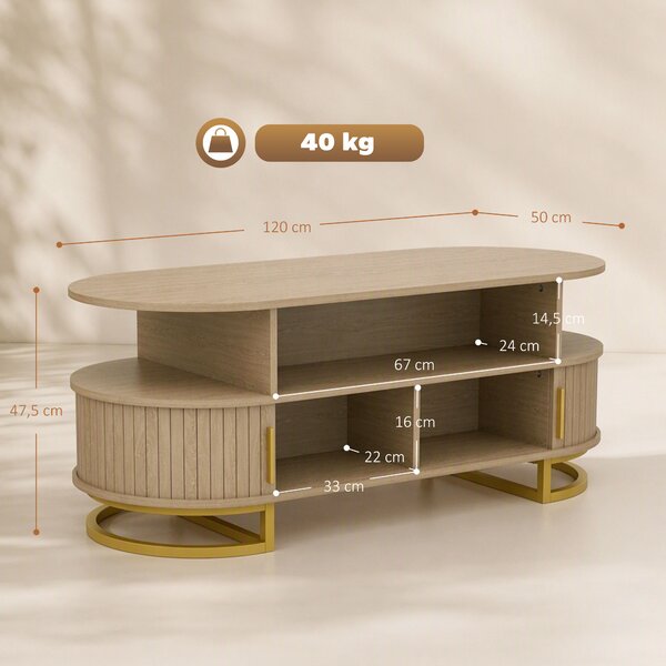 HOMCOM Tavolino Ovale da Salotto con Ante Scorrevoli e Contenitore, Rovere | Aosom Italy