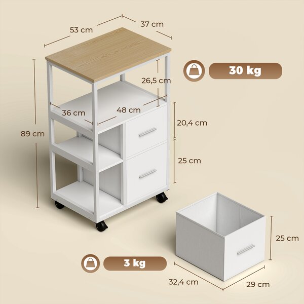 HOMCOM Carrello da Cucina con Ruote, 2 Cassetti e Scomparto Aperto, Bianco | Aosom Italy