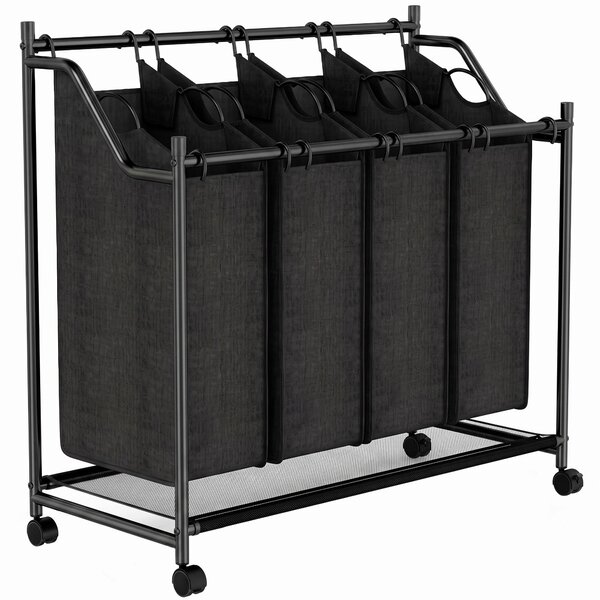 HOMCOM Cesto Portabiancheria in Acciaio 108L con Ruote e 4 Sacchi in Poliestere, Capacità 20 kg, Nero | Aosom Italy