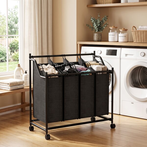 HOMCOM Cesto Portabiancheria in Acciaio 108L con Ruote e 4 Sacchi in Poliestere, Capacità 20 kg, Nero | Aosom Italy