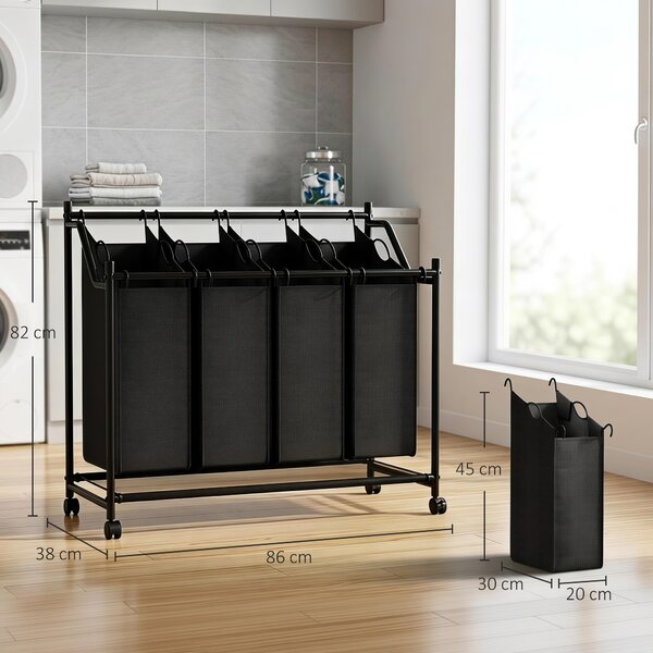 HOMCOM Cesto Portabiancheria in Acciaio 108L con Ruote e 4 Sacchi in Poliestere, Capacità 20 kg, Nero | Aosom Italy