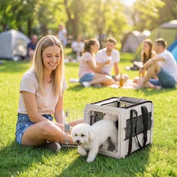 Trasportino Morbido per Cani Mini e Gatti Pieghevole 49,5x34x35,5 cm con Base Rigida e Finestre a Rete in Tessuto 300D e Acciaio Zincato Grigio