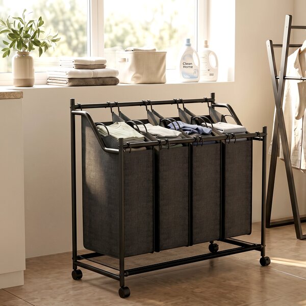 HOMCOM Cesto Portabiancheria in Acciaio 108L con Ruote e 4 Sacchi in Poliestere, Capacità 20 kg, Nero | Aosom Italy