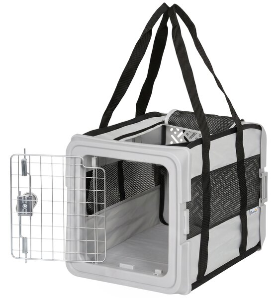 Trasportino Morbido per Cani Mini e Gatti Pieghevole 49,5x34x35,5 cm con Base Rigida e Finestre a Rete in Tessuto 300D e Acciaio Zincato Grigio