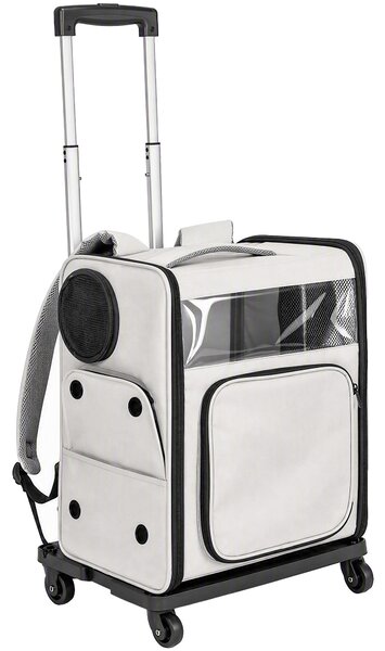 Trasportino per Cani e Gatti 34x28x43 cm con Ruote Manico Telescopico e 2 Finestre in Rete per Animali Fino a 5 kg Grigio