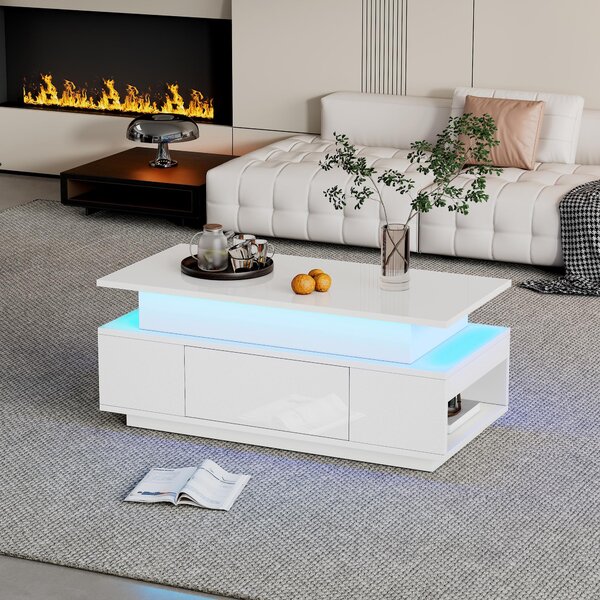 Tavolino da divano, dimensioni 96 x 45 x 40 cm, realizzato in pannello di particelle al 100%, colore bianco, con altezza regolabile, vano contenitore nascosto, 1 cassetto e illuminazione a LED