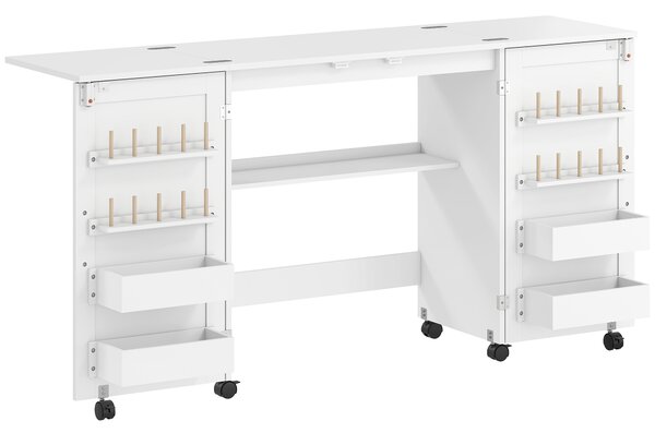 HOMCOM Tavolo da Cucito Pieghevole con Ruote, Contenitori e Ripiano, Bianco | Aosom Italy