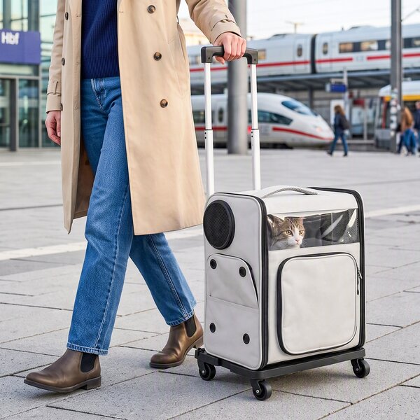 Trasportino per Cani e Gatti 34x28x43 cm con Ruote Manico Telescopico e 2 Finestre in Rete per Animali Fino a 5 kg Grigio