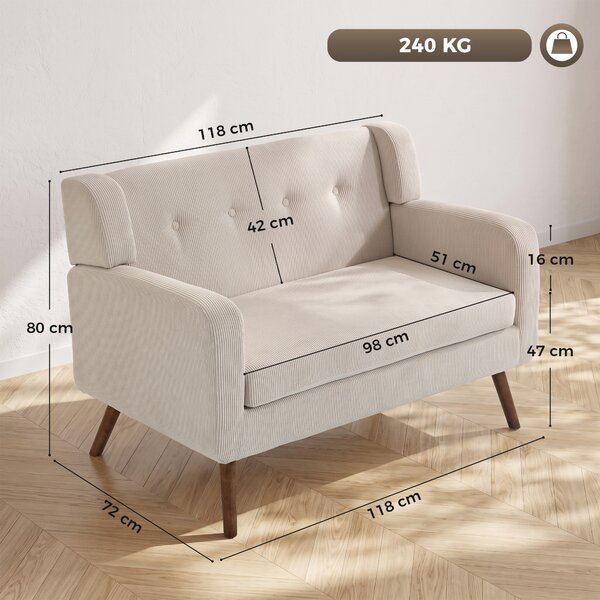 HOMCOM Divano 2 Posti 118 cm in Tessuto a Coste con Capitonné e Gambe in Legno, Beige | Aosom Italy