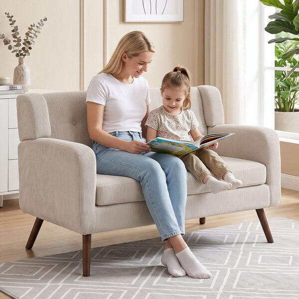 HOMCOM Divano 2 Posti 118 cm in Tessuto a Coste con Capitonné e Gambe in Legno, Beige | Aosom Italy
