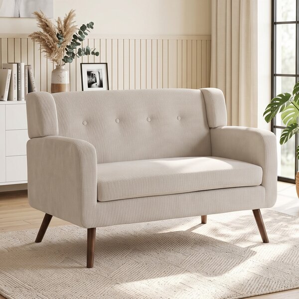 HOMCOM Divano 2 Posti 118 cm in Tessuto a Coste con Capitonné e Gambe in Legno, Beige | Aosom Italy