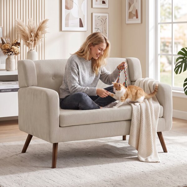 HOMCOM Divano 2 Posti 118 cm in Tessuto a Coste con Capitonné e Gambe in Legno, Beige | Aosom Italy
