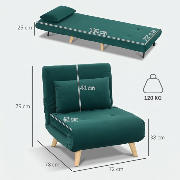 HOMCOM Poltrona Letto 3 in 1 Pieghevole con Schienale Click-Clack Regolabile, Verde Scuro | Aosom Italy