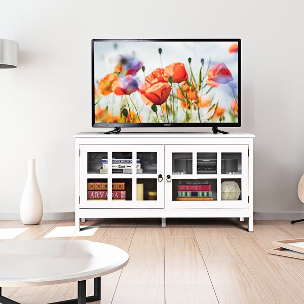 Costway Tavolino universale per TV con ante in vetro temperato, Armadietto moderno per salone camera da letto Bianco>
