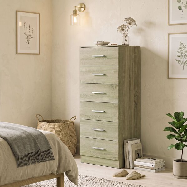 HOMCOM Cassettiera 6 Cassetti da Camera e Soggiorno, 40x40x110 cm, Rovere | Aosom Italy