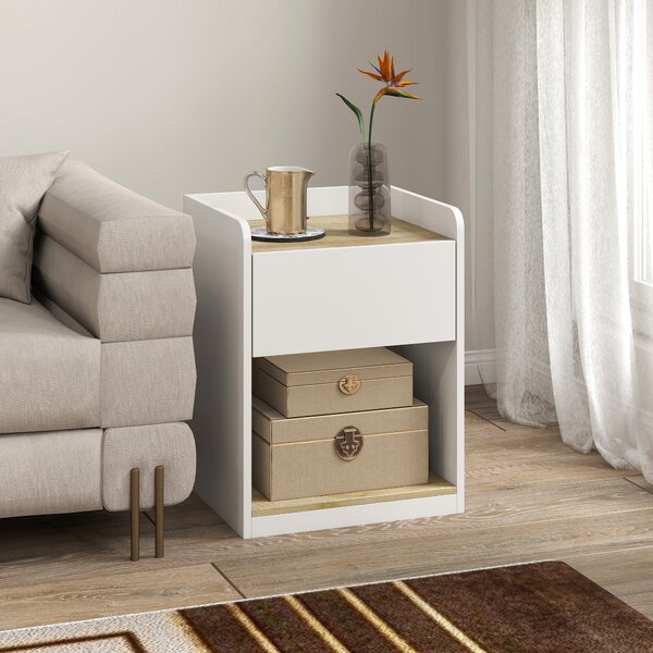 HOMCOM Comodino Moderno con Cassetto, Nicchia e Passacavi 42x37x55 cm, Bianco Rovere | Aosom Italy