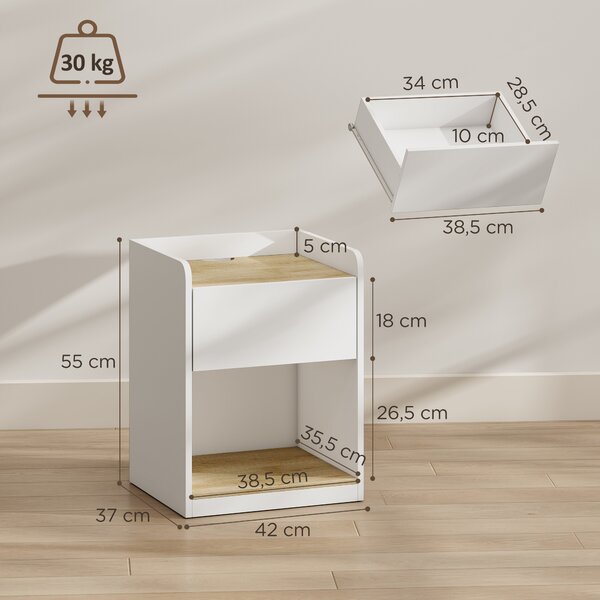 HOMCOM Comodino Moderno con Cassetto, Nicchia e Passacavi 42x37x55 cm, Bianco Rovere | Aosom Italy