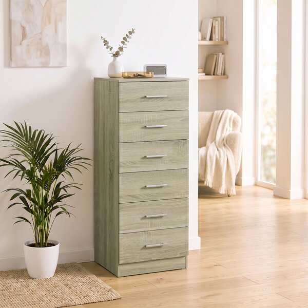HOMCOM Cassettiera 6 Cassetti da Camera e Soggiorno, 40x40x110 cm, Rovere | Aosom Italy
