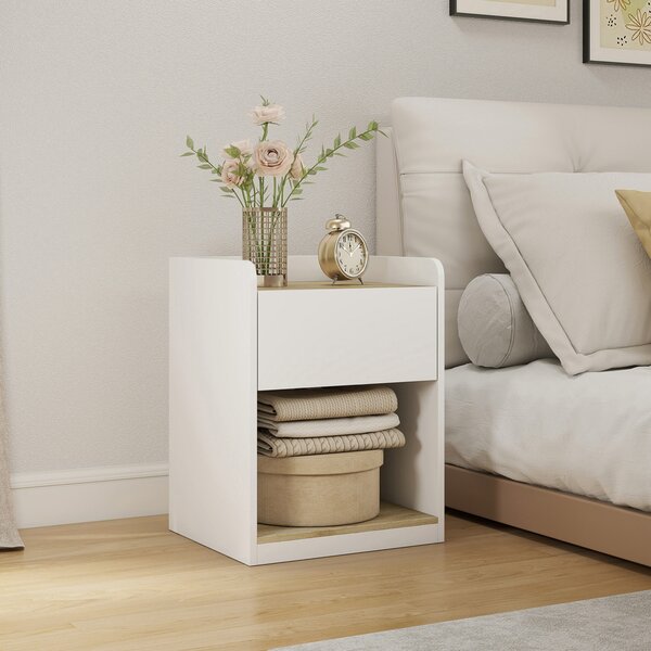 HOMCOM Comodino Moderno con Cassetto, Nicchia e Passacavi 42x37x55 cm, Bianco Rovere | Aosom Italy