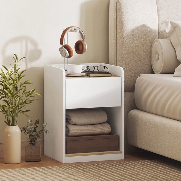 HOMCOM Comodino Moderno con Cassetto, Nicchia e Passacavi 42x37x55 cm, Bianco Rovere | Aosom Italy