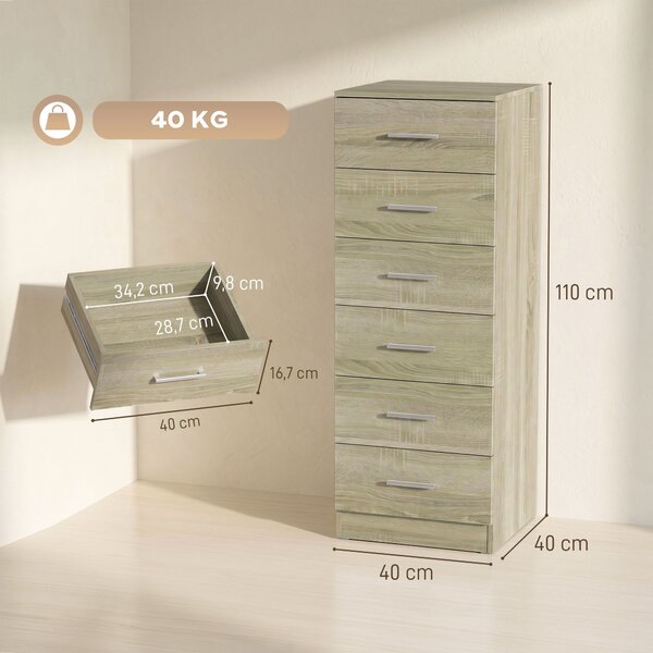 HOMCOM Cassettiera 6 Cassetti da Camera e Soggiorno, 40x40x110 cm, Rovere | Aosom Italy
