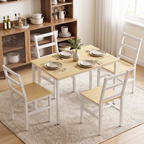 HOMCOM Set Tavolo da Pranzo 108 cm e 4 Sedie con Schienale a Doghe, Rovere e Bianco | Aosom Italy