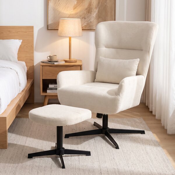 HOMCOM Poltrona Lounge Girevole 360° con Poggiapiedi e Altezza Regolabile, Bianco Crema | Aosom Italy