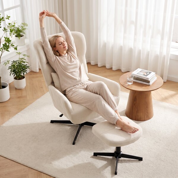 HOMCOM Poltrona Lounge Girevole 360° con Poggiapiedi e Altezza Regolabile, Bianco Crema | Aosom Italy