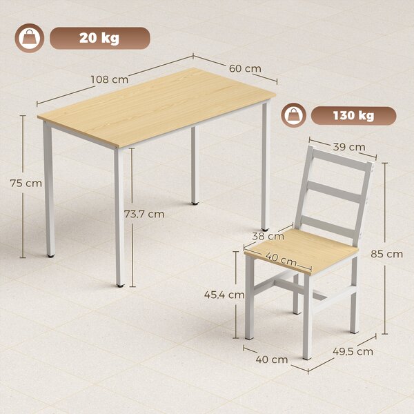 HOMCOM Set Tavolo da Pranzo 108 cm e 4 Sedie con Schienale a Doghe, Rovere e Bianco | Aosom Italy