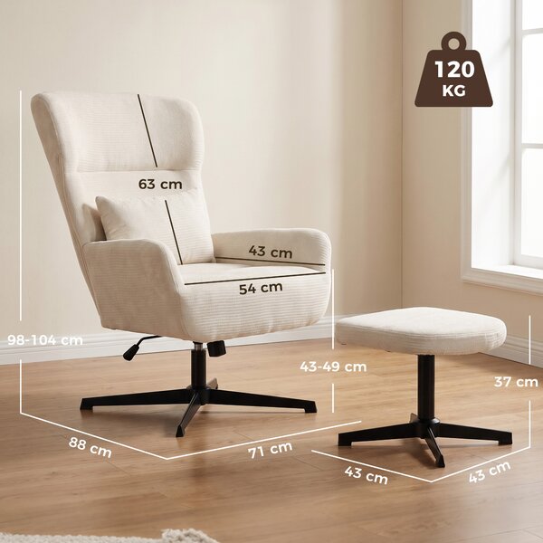 HOMCOM Poltrona Lounge Girevole 360° con Poggiapiedi e Altezza Regolabile, Bianco Crema | Aosom Italy