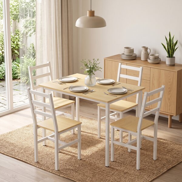 HOMCOM Set Tavolo da Pranzo 108 cm e 4 Sedie con Schienale a Doghe, Rovere e Bianco | Aosom Italy